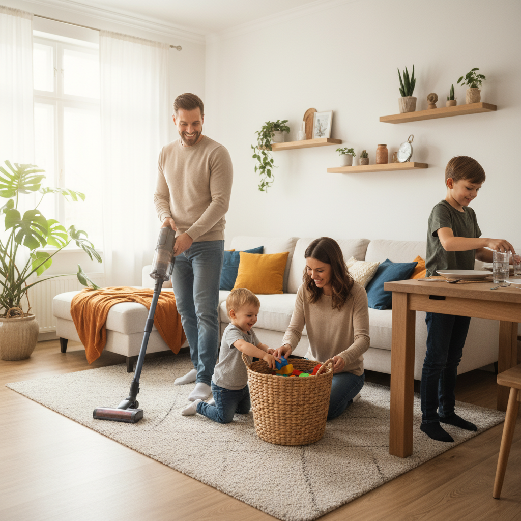 Family cleaning together